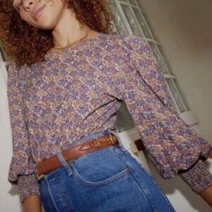 Nation Ltd I Loren Retro Floral Smock Sz L Peasant Tee Top Puff Shoulders Cotton